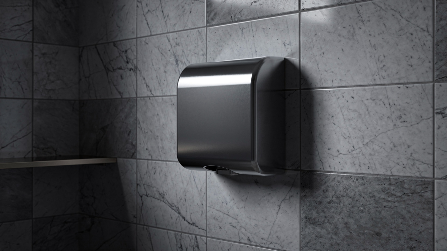 stainless steel touch-free hand dryer in public washroom