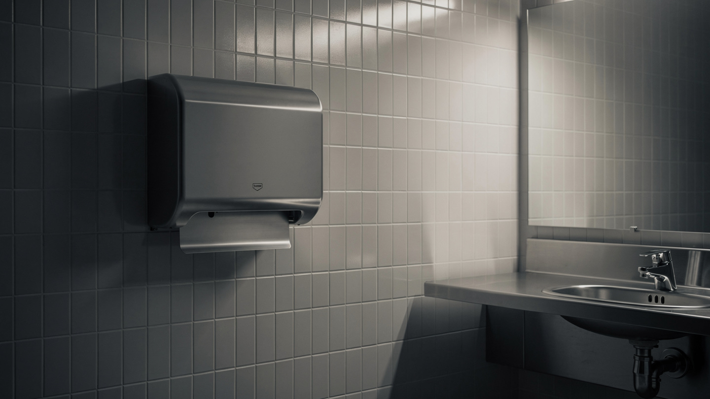commercial washroom with durable hand dryer