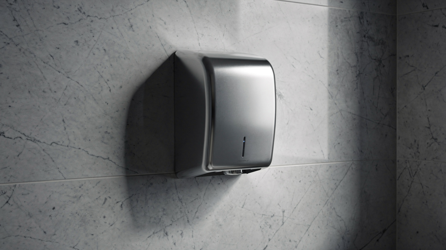 commercial hand dryer in modern bathroom
